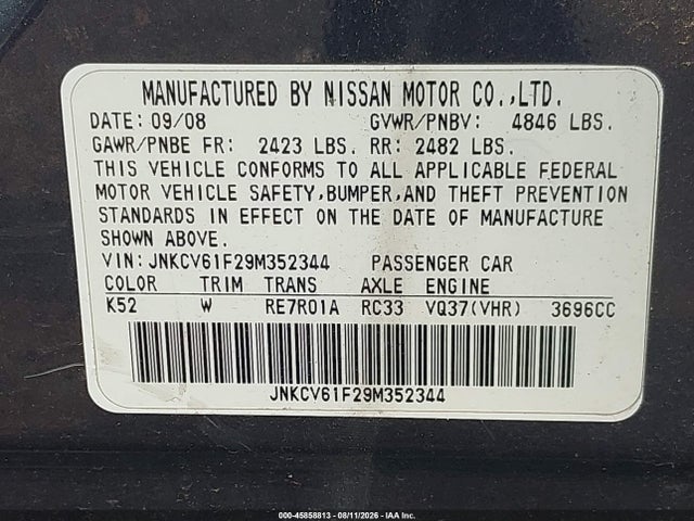 Aukcja sprzedaży 2009 Infiniti G37x, vin: JNKCV61F29M352344, numer aukcji: 45858813