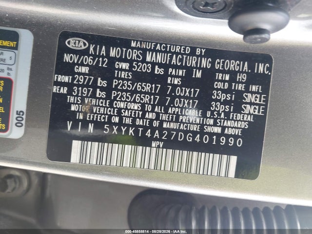 45858814 :رقم المزاد ، 5XYKT4A27DG401990 vin ، 2013 Kia Sorento Lx V6 مزاد بيع