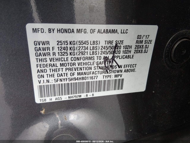 Продажа на аукционе авто 2017 Honda Pilot Touring, vin: 5FNYF5H94HB011677, номер лота: 45858815