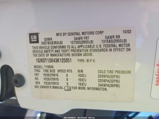 Продаж на аукціоні авто 2003 Chevrolet Blazer Ls, vin: 1GNDT13X43K125851, номер лоту: 45858823