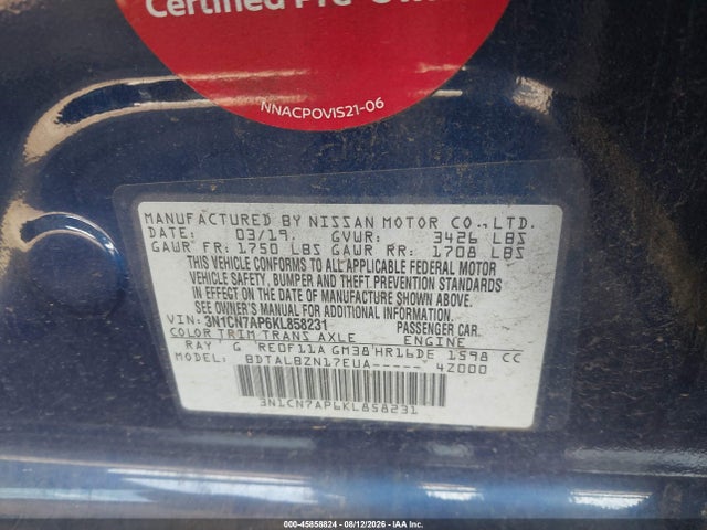 Nissan Versa 1.6 Sv 2019 3N1CN7AP6KL858231 Image 9