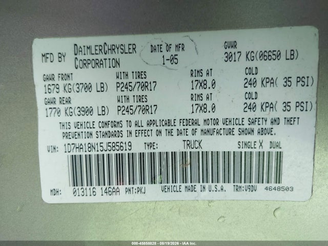 45858828 :رقم المزاد ، 1D7HA18N15J585619 vin ، 2005 Dodge Ram 1500 Slt/laramie مزاد بيع