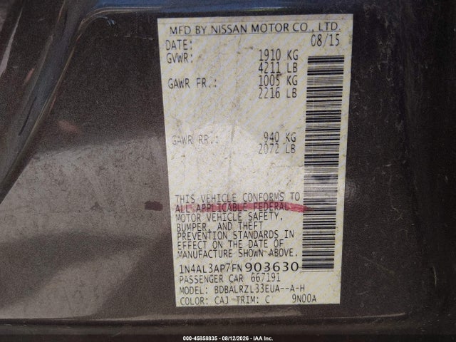 2015 Nissan Altima 2.5 Sl მანქანა იყიდება აუქციონზე, vin: 1N4AL3AP7FN903630, აუქციონის ნომერი: 45858835