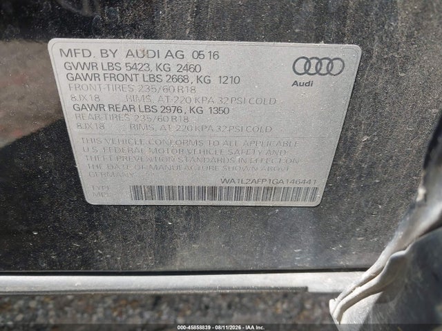 Aukcja sprzedaży 2016 Audi Q5 2.0t Premium, vin: WA1L2AFP1GA146441, numer aukcji: 45858839