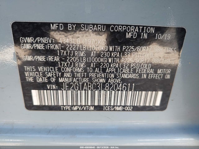 Продаж на аукціоні авто 2020 Subaru Crosstrek, vin: JF2GTABC3L8204611, номер лоту: 45858840
