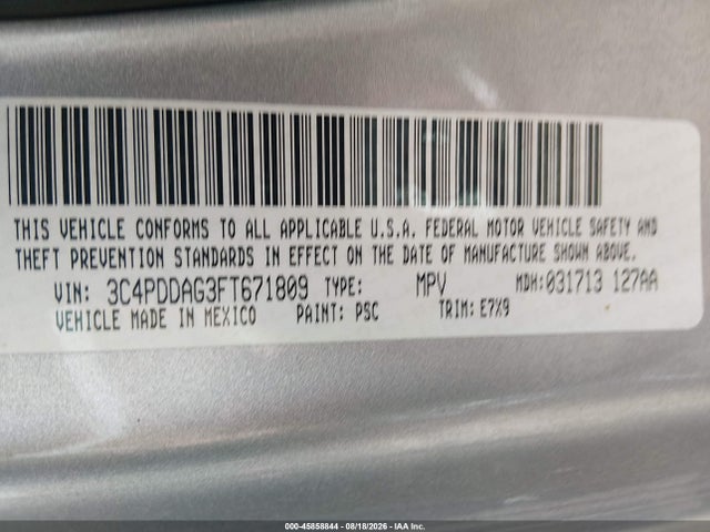 2015 Dodge Journey Se მანქანა იყიდება აუქციონზე, vin: 3C4PDDAG3FT671809, აუქციონის ნომერი: 45858844
