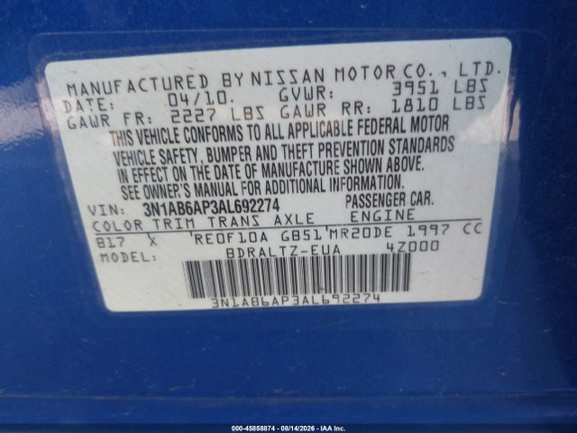 Продажа на аукционе авто 2010 Nissan Sentra 2.0sr, vin: 3N1AB6AP3AL692274, номер лота: 45858874