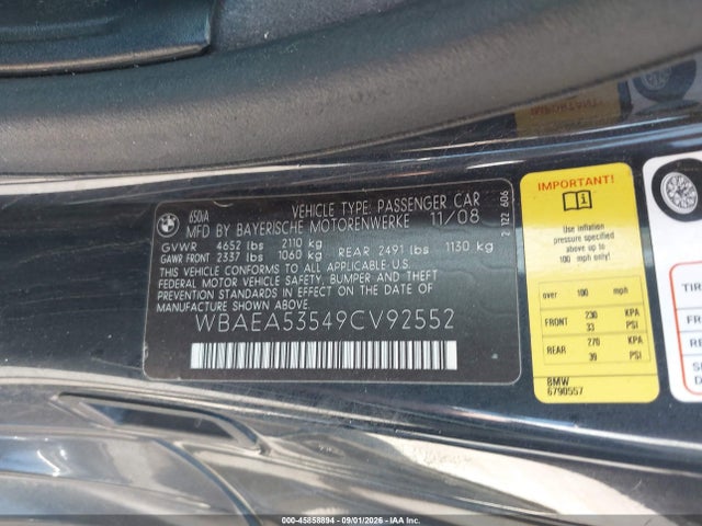 Aukcja sprzedaży 2009 Bmw 650i, vin: WBAEA53549CV92552, numer aukcji: 45858894