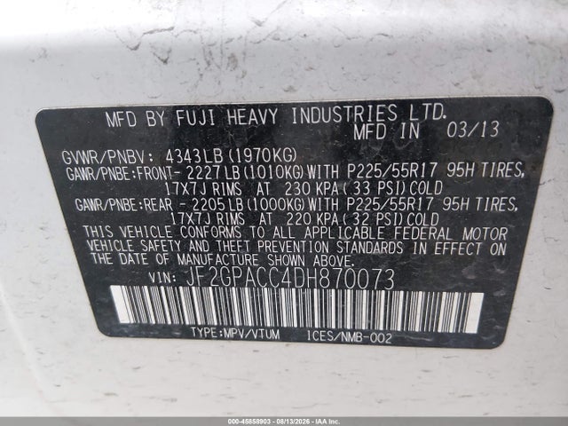 Продаж на аукціоні авто 2013 Subaru Xv Crosstrek 2.0i Premium, vin: JF2GPACC4DH870073, номер лоту: 45858903