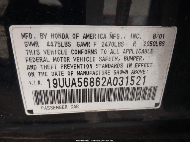 2002 Acura Tl 3.2 Type S მანქანა იყიდება აუქციონზე, vin: 19UUA56862A031521, აუქციონის ნომერი: 45858921
