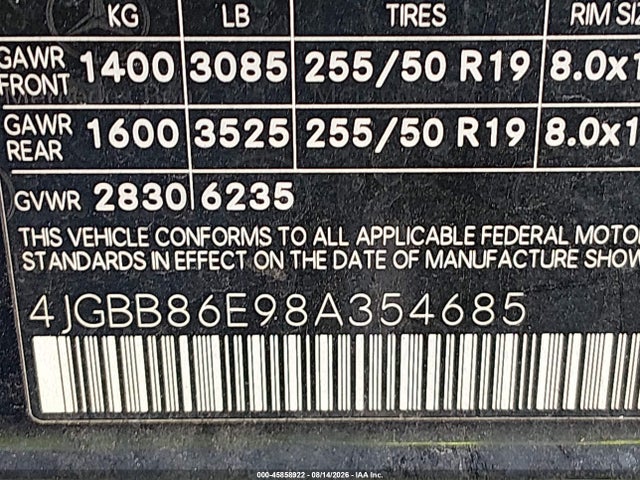 45858922 :رقم المزاد ، 4JGBB86E98A354685 vin ، 2008 Mercedes-benz Ml 350 4matic مزاد بيع