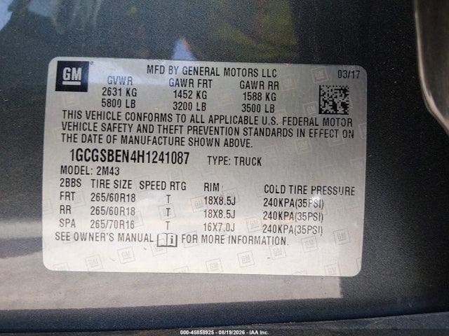 Aukcja sprzedaży 2017 Chevrolet Colorado 2wd Wt, vin: 1GCGSBEN4H1241087, numer aukcji: 45858925