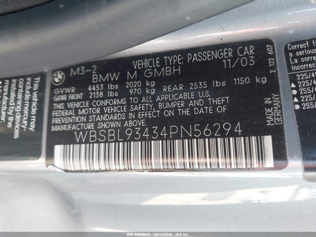 45858933 :رقم المزاد ، WBSBL93434PN56294 vin ، 2004 Bmw M3 مزاد بيع