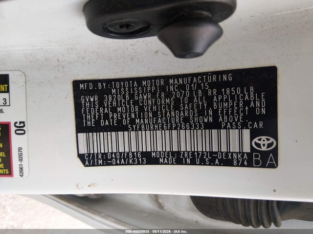 Продажа на аукционе авто 2015 Toyota Corolla Le, vin: 5YFBURHE6FP266333, номер лота: 45858935