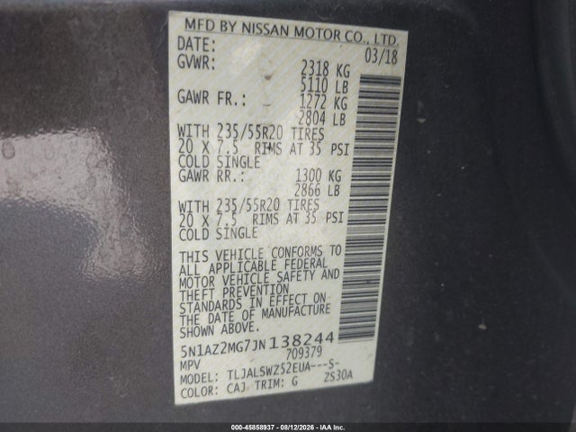 Nissan Murano Platinum 2018 5N1AZ2MG7JN138244 Image 9
