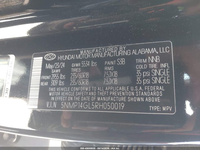 2024 Hyundai Santa Fe Se მანქანა იყიდება აუქციონზე, vin: 5NMP14GL5RH050019, აუქციონის ნომერი: 45858938