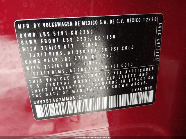 Aukcja sprzedaży 2021 Volkswagen Tiguan 2.0t Se/2.0t Se R-line Black/2.0t Sel, vin: 3VV3B7AX2MM057574, numer aukcji: 45858939