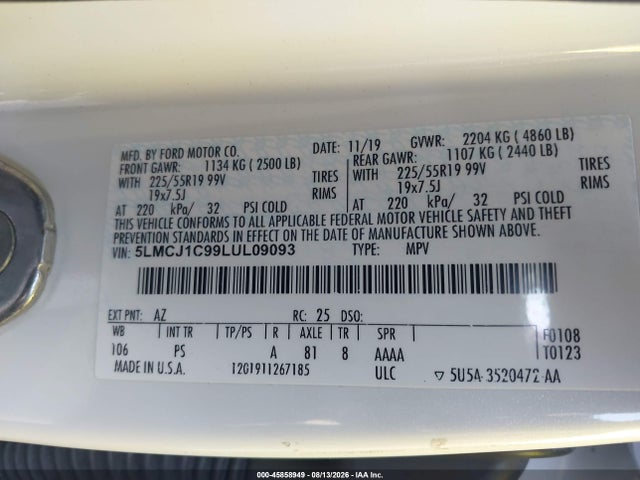 Aukcja sprzedaży 2020 Lincoln Corsair Standard, vin: 5LMCJ1C99LUL09093, numer aukcji: 45858949