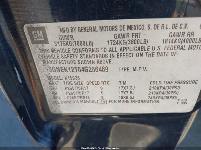 45858967 :رقم المزاد ، 3GNEK12T64G256469 vin ، 2004 Chevrolet Avalanche 1500 مزاد بيع