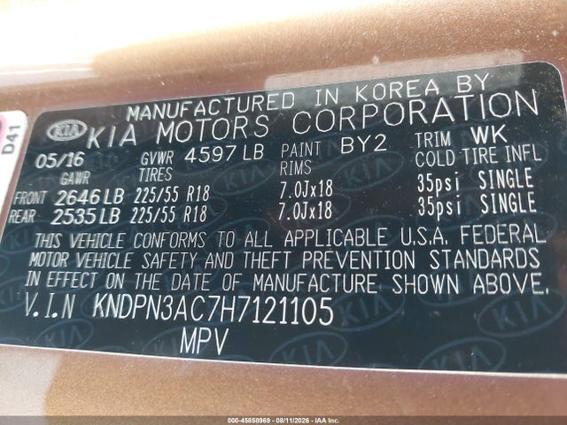 Aukcja sprzedaży 2017 Kia Sportage Ex, vin: KNDPN3AC7H7121105, numer aukcji: 45858969