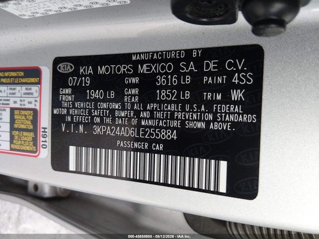 45858985 :رقم المزاد ، 3KPA24AD6LE255884 vin ، 2020 Kia Rio S مزاد بيع