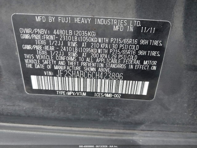 Продажа на аукционе авто 2012 Subaru Forester 2.5x, vin: JF2SHABC6CH423896, номер лота: 45858995