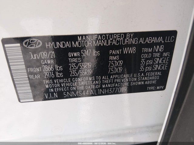45858998 :رقم المزاد ، 5NMS44AL1NH377019 vin ، 2022 Hyundai Santa Fe Limited مزاد بيع