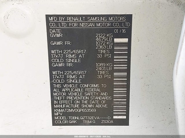 KNMAT2MV0GP653569 Nissan ROGUE SV
