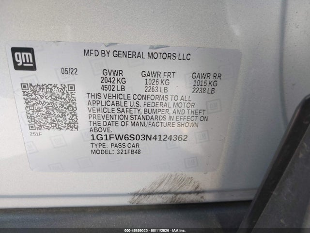 1G1FW6S03N4124362 Chevrolet Bolt Ev Fwd 1lt