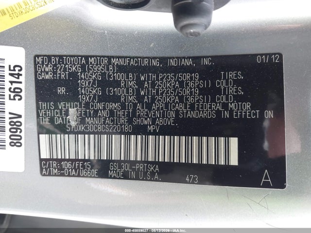 Продаж на аукціоні авто 2012 Toyota Sienna Se 8 Passenger, vin: 5TDXK3DC8CS220180, номер лоту: 45859027