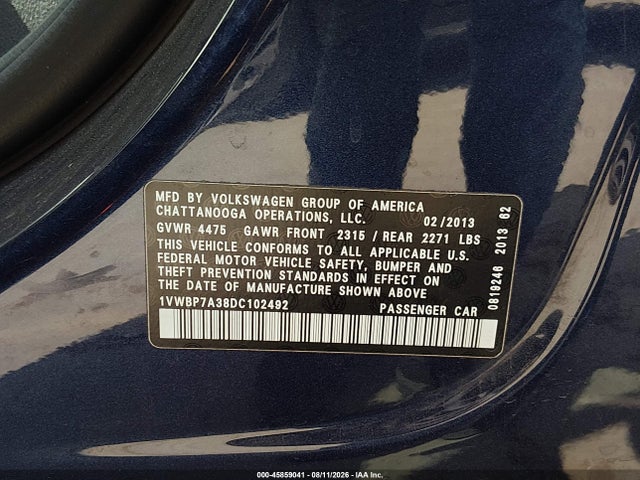 Продажа на аукционе авто 2013 Volkswagen Passat 2.5l Se, vin: 1VWBP7A38DC102492, номер лота: 45859041