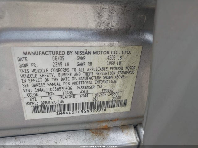 2005 Nissan Altima 2.5 S მანქანა იყიდება აუქციონზე, vin: 1N4AL11D55N920936, აუქციონის ნომერი: 45859047