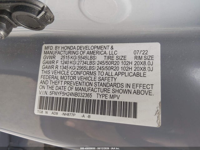 45859050 :رقم المزاد ، 5FNYF5H24NB032365 vin ، 2022 Honda Pilot 2wd Special Edition مزاد بيع