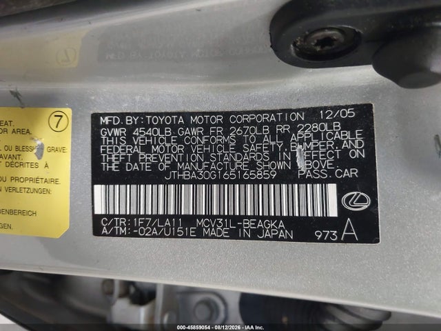 Продажа на аукционе авто 2006 Lexus Es 330, vin: JTHBA30G165165859, номер лота: 45859054