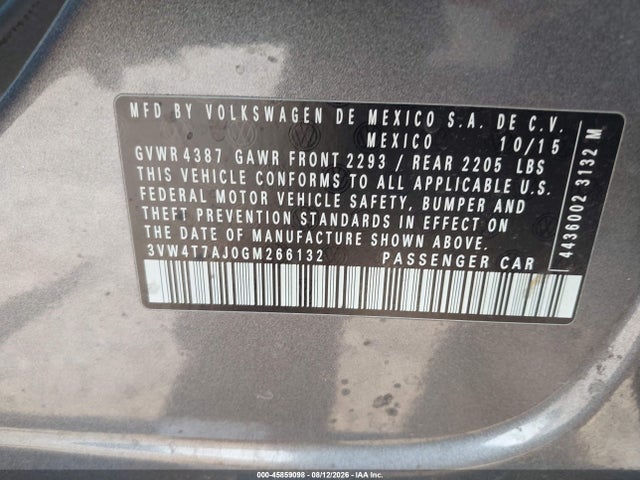 45859098 :رقم المزاد ، 3VW4T7AJ0GM266132 vin ، 2016 Volkswagen Jetta 2.0t Gli Se مزاد بيع