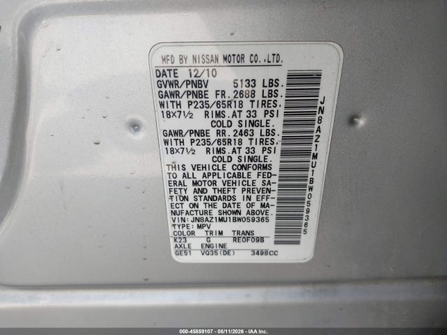 Продажа на аукционе авто 2011 Nissan Murano S, vin: JN8AZ1MU1BW059365, номер лота: 45859107
