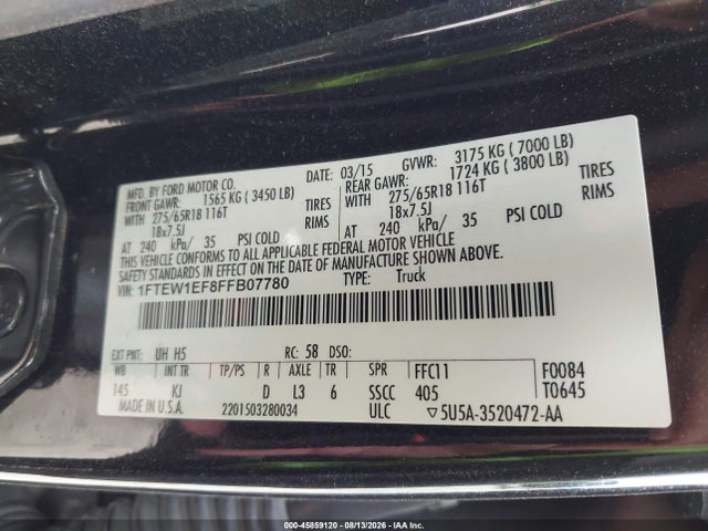Продаж на аукціоні авто 2015 Ford F-150 King Ranch, vin: 1FTEW1EF8FFB07780, номер лоту: 45859120