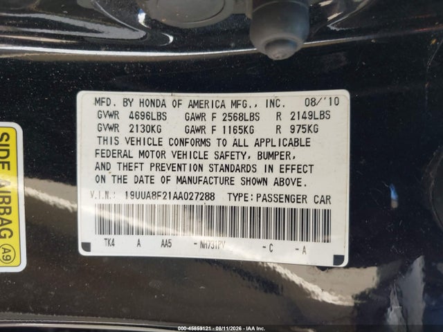 2010 Acura Tl 3.5 მანქანა იყიდება აუქციონზე, vin: 19UUA8F21AA027288, აუქციონის ნომერი: 45859121