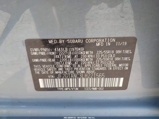 Aukcja sprzedaży 2020 Subaru Crosstrek Limited, vin: JF2GTANC3LH221565, numer aukcji: 45859122