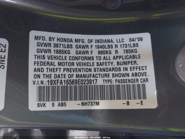 Aukcja sprzedaży 2009 Honda Civic Lx, vin: 19XFA16569E023917, numer aukcji: 45859142
