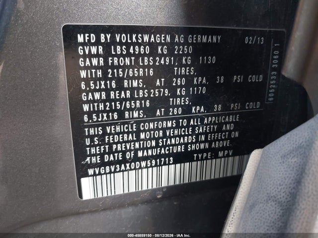 Aukcja sprzedaży 2013 Volkswagen Tiguan S, vin: WVGBV3AX0DW591713, numer aukcji: 45859150