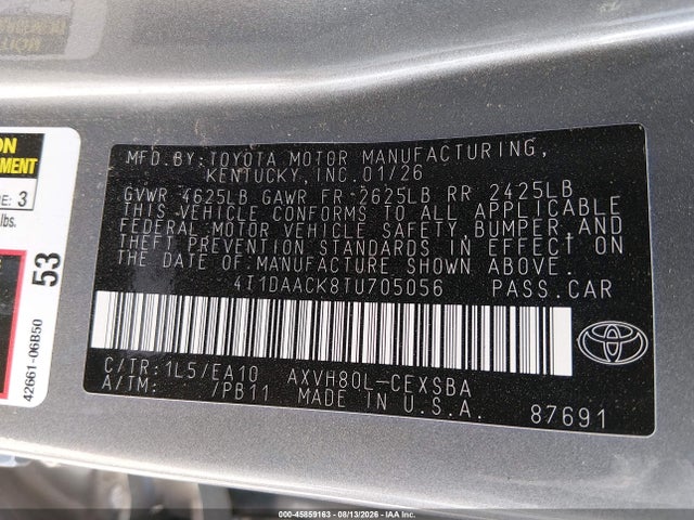 45859163 :رقم المزاد ، 4T1DAACK8TU705056 vin ، 2026 Toyota Camry Se مزاد بيع