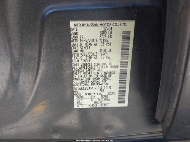 Продажа на аукционе авто 2005 Nissan Pathfinder Se, vin: 5N1AR18U35C724113, номер лота: 45859164
