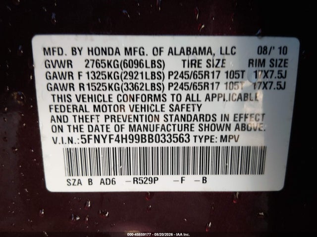 Продажа на аукционе авто 2011 Honda Pilot Touring, vin: 5FNYF4H99BB033563, номер лота: 45859177