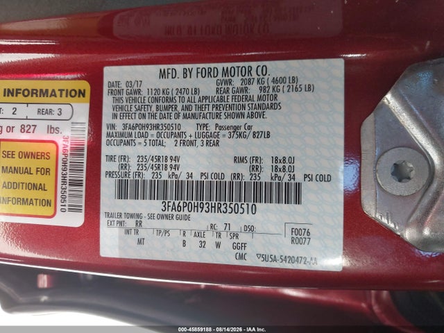 Ford FUSION SE 2017 3FA6P0H93HR350510 Image 9