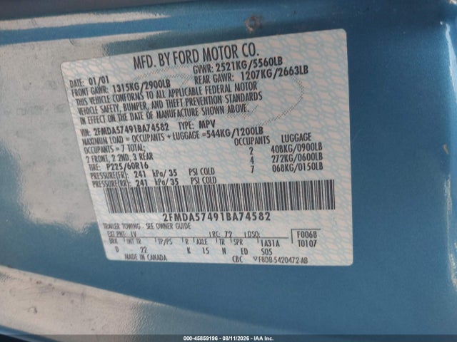 45859196 :رقم المزاد ، 2FMDA57491BA74582 vin ، 2001 Ford Windstar Se Sport مزاد بيع