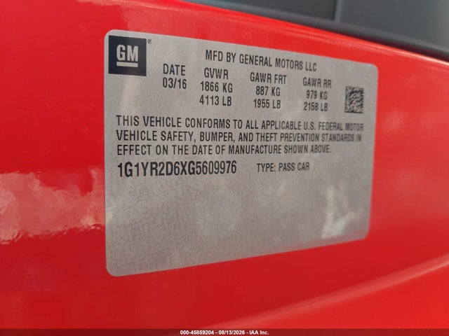 Продажа на аукционе авто 2016 Chevrolet Corvette Z06, vin: 1G1YR2D6XG5609976, номер лота: 45859204
