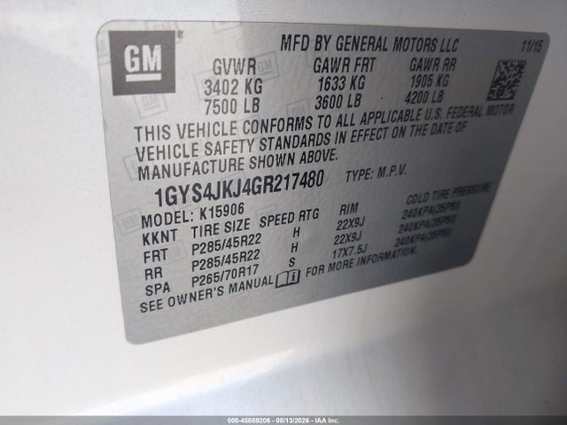 2016 Cadillac Escalade Esv Premium Collection მანქანა იყიდება აუქციონზე, vin: 1GYS4JKJ4GR217480, აუქციონის ნომერი: 45859206