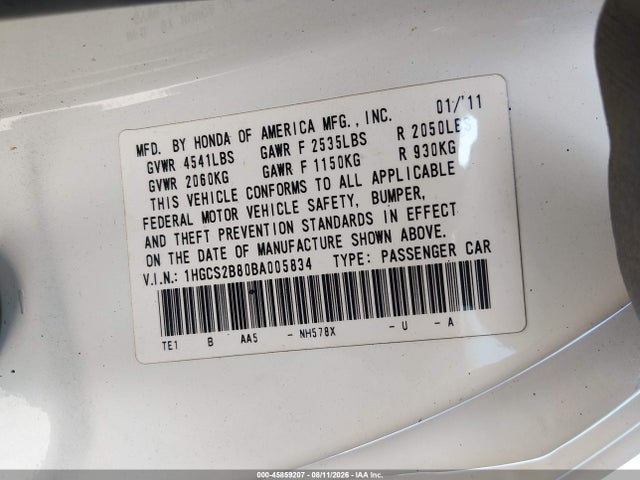Auction sale of the 2011 Honda Accord 3.5 Ex-l, vin: 1HGCS2B80BA005834, lot number: 45859207