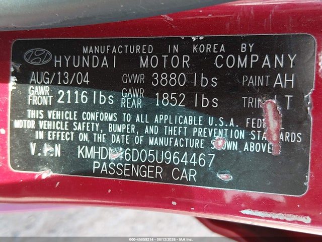 Auction sale of the 2005 Hyundai Elantra Gls/gt, vin: KMHDN46D05U964467, lot number: 45859214